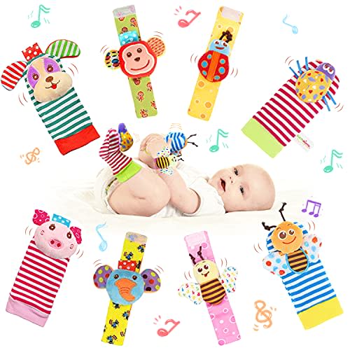 LAMMAZ Baby Rattle Wrists Rattles Rattle Socks Foot Finder Soft Development Toys for Newborn Babies Boy and Girl Infant Kids-8 Pcs A Set