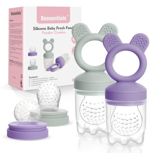 Bessentials Baby Fresh Fruit Food Feeder - 2 Pack Silicone Baby Mesh Feeders for Infant Safe Self Feeding |3 Sizes Food Pouches Included| Suitable for Baby 4m+( Purple+Misty Green)