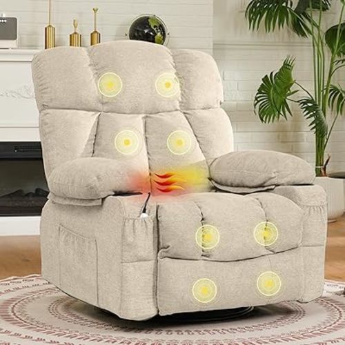 FLEXISPOT 360° Swivel Rocker Recliner, Oversized Massage Rocker Recliner Chair with Heating, Cup Holders, USB Charging Port, Swivel Glider Sofa for Living Room Nursery, Beige (XRC3)