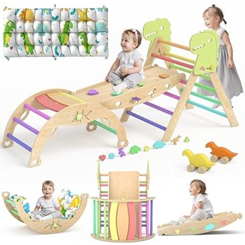 Pikler Triangle Set with Cushion 9 in 1 Large Climbing Toys for Toddlers 1-7 Indoor Baby Climbing Gym Montessori Toys Wooden Climbing Toys with Maze Toys, Shape Sorting Toys, Dinosaur Car