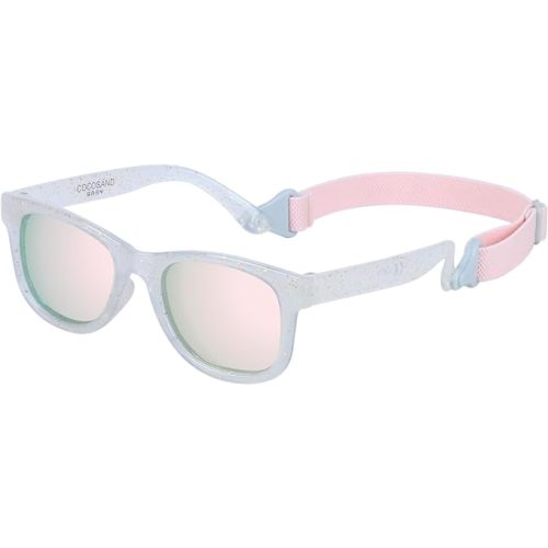 COCOSAND Baby Sunglasses with Strap Polarized Flexible Square UV400 for Infant Toddler Boys Girls Age 0-24 Months - TPE - Glitter White