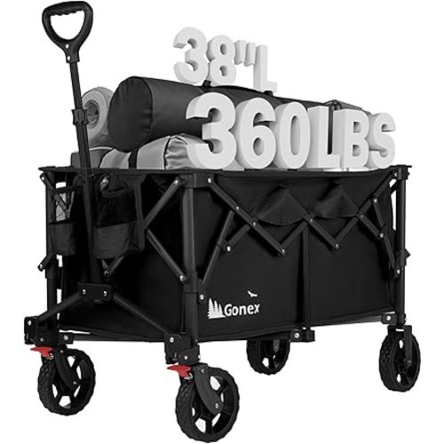 Gonex 38''L Collapsible Foldable Wagon Cart with 360lbs Weight Capacity,220L Folding Utility Garden Cart with Detachable Wheels for Grocery Sports Shopping Camping - Black