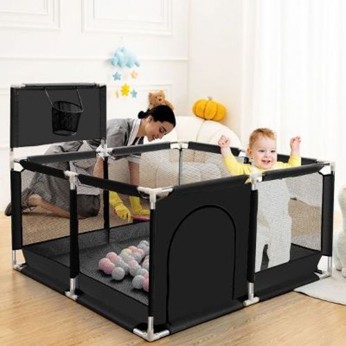 GOTGELIF 50"x50" 4-Panel Baby Playpen Portable Playard with Basketball Hoop Gray
