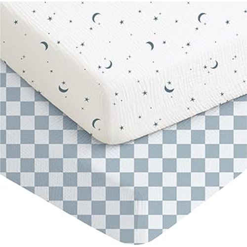 Konssy Muslin Crib Sheets for Boys, Soft Cotton Neutral Baby Sheets for Standard Crib Mattress 2 Pack, 52"x28" (Dreamfield Sky,Baby Blue Plaid)