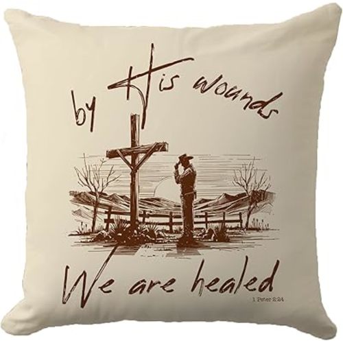 Vintage Easter Pillow Cover 18x18 Inch – Christian Throw Pillow Case with Cross and Cowboy Design – by His Wounds We are Healed Farmhouse Cushion Cover for Sofa, Bed, or Living Room