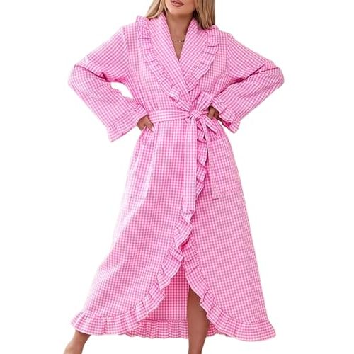 Gihuo Cotton Robes for Women Gingham Long Sleeve Ruffle Trim Bathrobe | Womens Robes Lightweight, Summer Robe, Plaid Bathrobe, Loungewear Sleepwear, Checkered Ruffle Housecoat