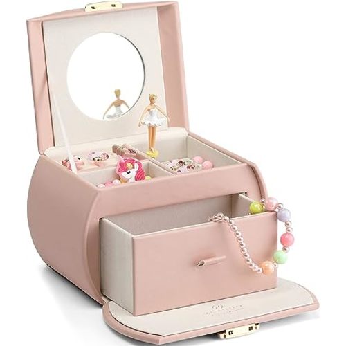 Vlando Kids Musical Jewelry Box for Girls with Drawer, Music Box with Ballerina and Stickers for Birthday Bedroom Decor, Gifts for Girls Kids - Pink