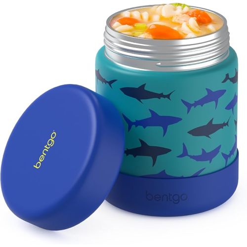 Bentgo Kids Stainless Steel Food Jar - 11oz Leak-Proof Double Insulated Hot or Cold Food Container with Removable Silicone Bumper, Dishwasher Safe, Easy Open Lid, Ages 3+ (Shark)