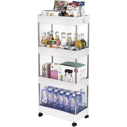 4 Tier Narrow Mobile Rolling Storage Cart,Plastic Rolling Utility Storage Cart,Kitchen Utility Storage Cart,Utility Diaper Cart,with Wheels,for Living Room, Bathroom, Office, Laundry (White-A)