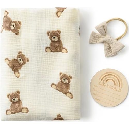 Little Jump Baby Muslin Swaddle Blankets for Neutral Boys Girls, Newborn Swaddle Set with Matching Headband Bow, 47 x 47 inches Teddy Bears Print Hospital Home-Coming Baby Announcement Blanket.