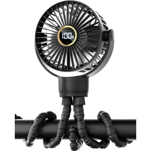 3.5" Battery Powered Baby Stroller Cooling Fan, 3-Speed Rechargebale Tripod Fan with 360 Degree Rotation, Quiet Portable Fan with LED Display, Great for Car Seat, Crib, Bike, Treadmill, Black