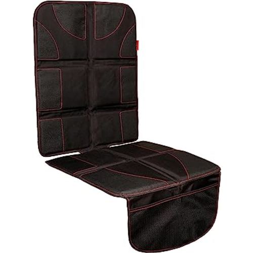 Lusso Gear Car Seat Protector for Baby Car Seat - Thick Padding, 2 Mesh Storage Pockets, Waterproof, Protects Fabric or Leather Seats, Non-Slip Padded Backing (Black with Red Stitching)