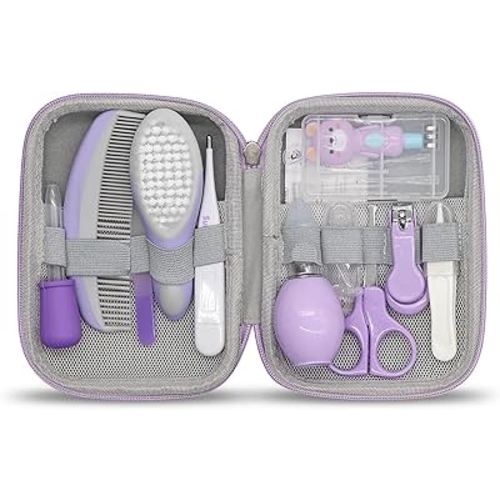 Baby Grooming Kit, Portable Baby Safety Care Set with Hair Brush Comb Nail Clipper Nasal Aspirator etc for Nursery Newborn Infant Girl Boys Keep Clean (11 in 1 Purple)