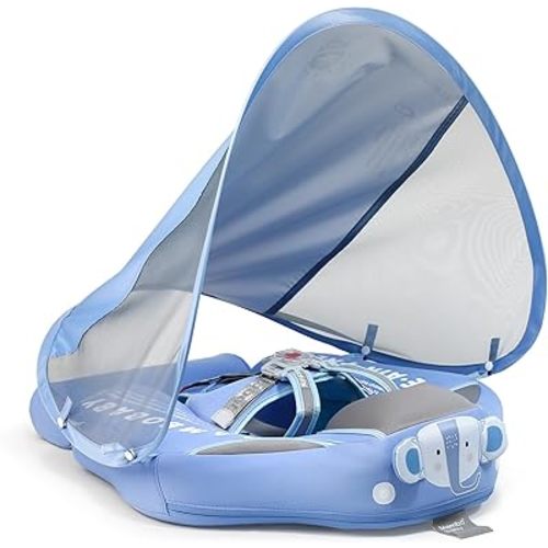 Mambobaby Baby Swim Float with Canopy & Tail Infant Pool Float Non-Inflatable Toddler Swim Float with Skin-Friendly Material for 3-24 Months Baby Boys Grils Elephant Blue