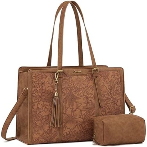 LOVEVOOK Laptop Bag for Women Vintage Leather Work Tote 15.6 inch Large Capacity Computer bag with Clutch Purse for Office, Travel, Casual
