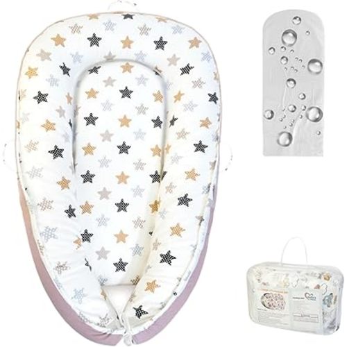 Baby Lounger with Waterproof Liner, Infant Lounger for 0-24 Months Newborn,Soft Cotton & Breathable Cover,Essentials Gifts for Baby Travel and Floor (Baby Star)