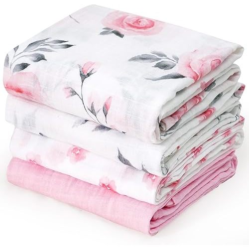 david's kids 4 Pack Baby Muslin Swaddle Blankets, 100% Cotton and Ultra Soft Breathable Receiving Blanket Wrap for Boys Girls, New Born Essentials, Large 47 x 47 inches, Pink Floral