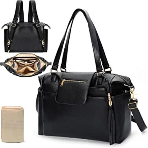 Diaper Bag Tote Leather Diaper Bag Backpack LargeBaby Diaper Bag 14 Diaper Bag Organizing Pouches,Changing Pad,Crossbody Strap,4 Insulated Pockets,Black