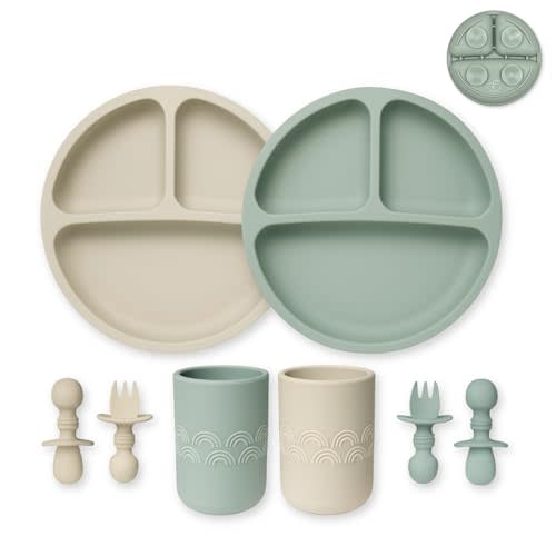 Hippypotamus Silicone Baby Feeding Set - Suction Toddler Plates, Weighted Toddler Cups & Baby-Safe Utensils - 100% Pure Food Grade Silicone - Set of 2 (Sage/Sand)