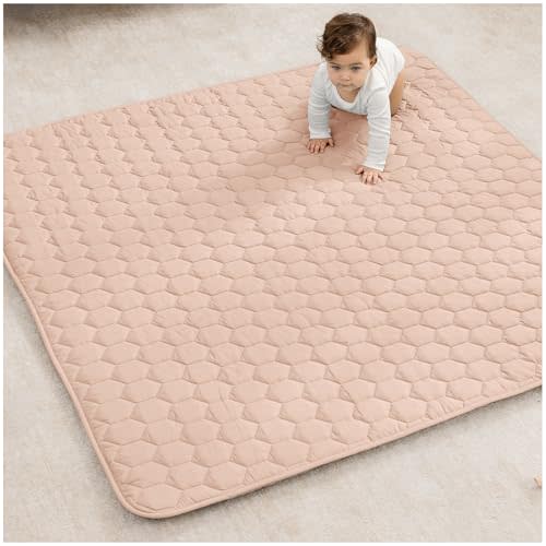 Comfy Cubs Square Kids Play Mat - 56 x 56 inches Soft Quilted Baby Floor Mat with Non-Slip Bottom - Plush Design for Toddlers' Playtime and Relaxation - Comfortable and Durable - Blush
