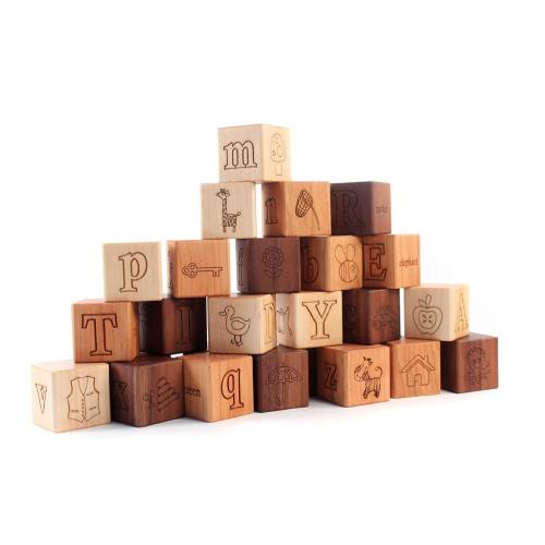 26-piece PICTURE ALPHABET block set - natural wooden toy blocks with letters, pictures, words - educational first birthday or toddler gift