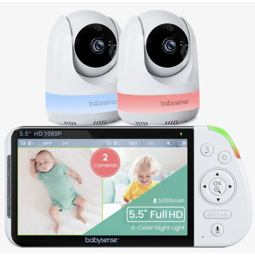 Babysense Max View: Video Baby Monitor with 2 Cameras, Split Screen, Non Wifi, Night Light & Sound Machine