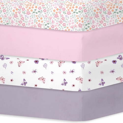 Little Grape Land Crib Sheets for Baby Girls 4 Pack, 28"x 52" Extra Soft Microfiber Crib Sheet Set for Standard Crib & Toddler Mattress Pad, Tiny Petals & Pink & Butterfly & greyish purple