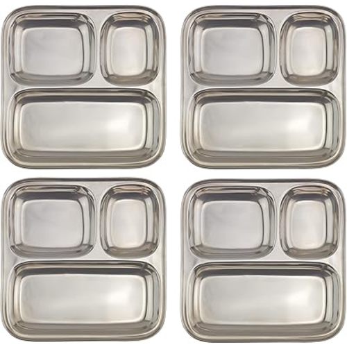 Darware Stainless Steel Divided Plates/Compartment Trays (4-Pack); 9.8 x 8.1 Inches Oblong 3-Section Mini Trays, Great Size for Kids, Portion Control, Camping