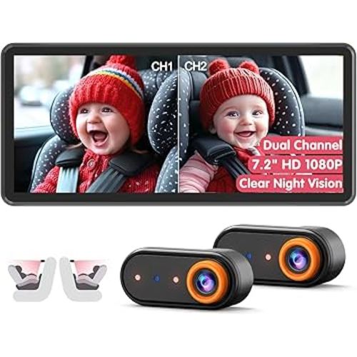 Baby Car Camera for 2 Kids, Dual Channel with 7.2" 1080P Crystal Clear Display, Easily Install Backseat Mirror with 2 IR Night Vision Cameras, Safety Car Baby Camera for Rear Facing