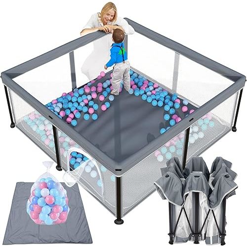 TOREVSIOR Foldable Baby Playpen with Mat, 50"×50" Foldable Playpen for Babies and Toddlers, Indoor & Outdoor Kids Safety Play Pen, Portable Play Yard, Foldable Baby Playpen with 50 Ocean Balls