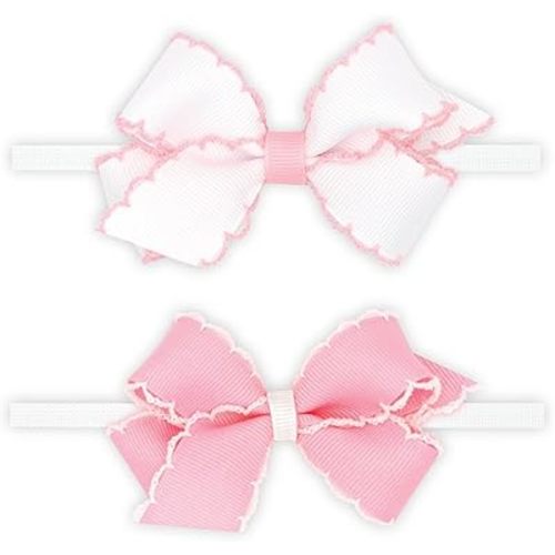 Wee Ones Girls' Gift Pack of Two Mini Moonstitch Grosgrain Bows on Skinny Nylon Head Bands, Mini, Whl/Prw