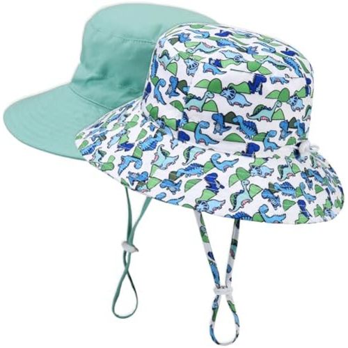 Baby Sun Hat Adjustable - 2pcs Toddler Kids Wide Brim Bucket UPF 50+ Summer Play Hat with Chin Strap