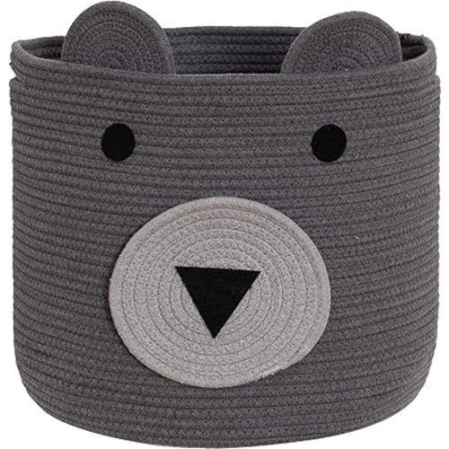 VK VK·LIVING Cotton Rope Bear Animal Basket Foldable Large Woven Storage Basket Baby Nursery Cute Laundry Hamper for Toys, Blanket, Clothes in Bedroom Living Room Toy Box for Baby 14x14 Grey