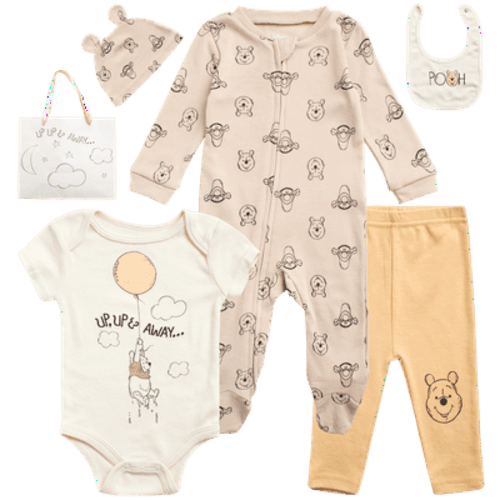 Disney Newborn Baby Layette Set - 6 Piece Disney Bodysuit Coveralls Sweatpants, Hat, Gift Bag (0-6M)
