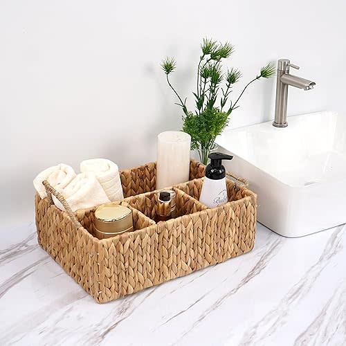 Wicker Divided Storage Basket Woven Natural Basket Hyacinth for Organizing Bathroom Kitchen Shelves Office Supplies Organization Everyday Wicker Storage Baskets 4 Section Rectangular Tray