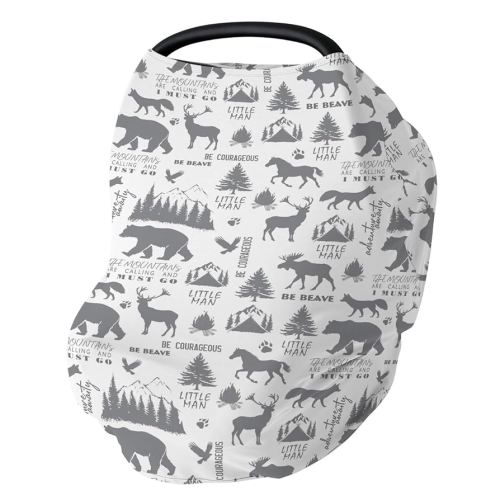 Gray Forest Animals Baby Car Seat Covers Deer Bear Horse Fox Trees Mountain Stretchy 5-in-1 Cover Adjustable Car Canopy Cover Camping Adventure Breathable Nursing Cover-Up