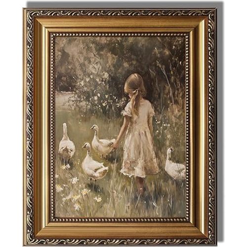KBKBART Vintage Framed Wall Art for Living Room - Farmhouse Decor Goose Girl Easter Canvas Oil Painting Prints for Wall Decor, Classical Cottagecore Wall Decor, Moody Antique Nature Art Print for Bedroom Bathroom Wall Pictures Artwork, 9"x 12"