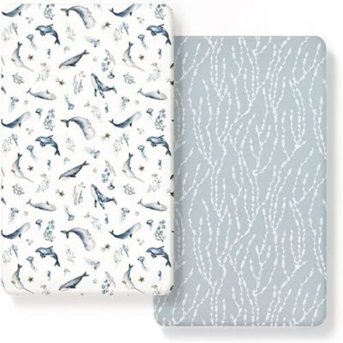 GRSSDER Stretch Ultra Soft Jersey Knit Fitted Crib Sheets Set 2 Pack, Universal Fit All Standard Crib Mattress Pads Safe and Snug, Crib Fitted Sheet with Deep Pocket, Original Design for Baby Boy