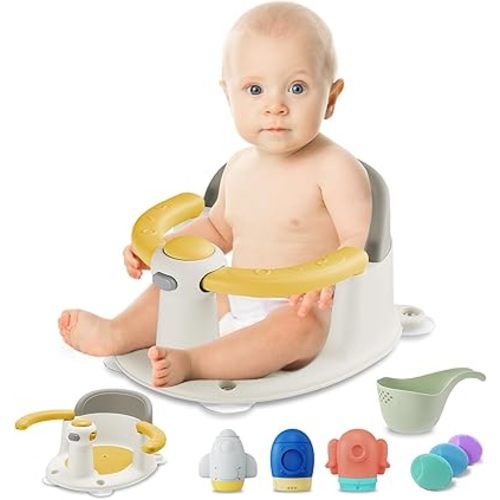 Baby Bath Seat, Infant Bathtub Seats for Babies Sitting Up Aged 6-24 Months, 3 Baby Bath Brushes/ 3 Baby Bath Toys/Baby Bath Rinse Cup Included, Yellow
