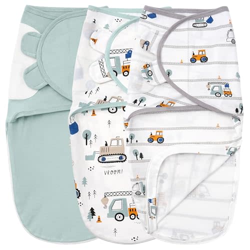 Unnivoll Baby Swaddles for Newborns with Zipper, 100% Cotton Newborn Swaddle Sack, 3 Pack Baby Swaddles 0-3 Months Swaddle Sleep Sack for Newborn Baby Boy Girl Excavator