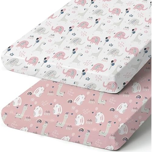 Pack n Play Sheets, BROLEX 2 Pack Mini Crib Sheets,Stretchy Portable Fitted Playard Sheet Set, Convertible Playard Mattress Cover,Ultra Soft Breathable Material,Elephant Rabbit