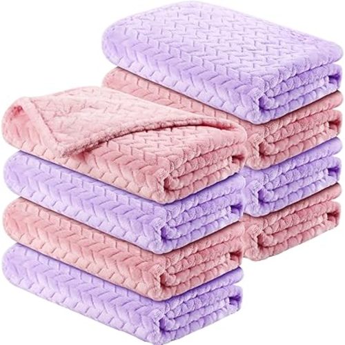 Chumia 8 Pcs Fuzzy Baby Blankets Fluffy Flannel Cozy Throw Baby Blankets 24 x 32 Fleece Nursery Newborn Toddler Infant for Party Gift Girl Boy Crib Stroller Holiday(Pink, Purple)