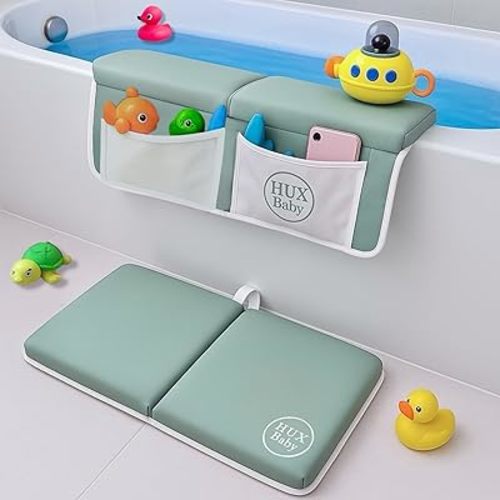 Comfortable Baby Bath Kneeler and Elbow Rest Pad Set, Non-Slip Bathtub Kneeling Pad for Bathing Baby, Bath Tub Cushion Mat, Elbow Pads, Toy Organizer Storage Pockets, Strong Suction Cups, Green/Gray