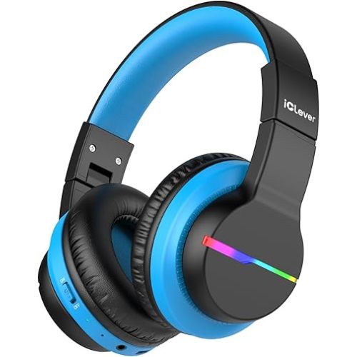 iClever BTH12 Kids Bluetooth Headphones,Colorful LED Lights Wireless Kids Headphones,74/85dBA Safe Volume,85H Playtime,Bluetooth 5.2,Over Ear Headphones Built-in Mic for iPad/Tablet/Airplane,Black