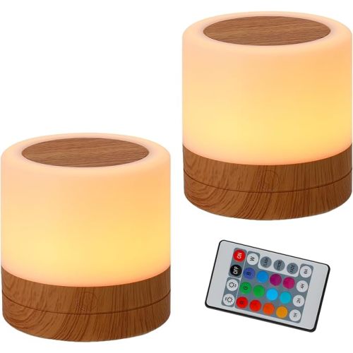 Nursery Night Light for Kids, USB Rechargeable Small Desk Lamp,13 RGB Colors & 4 Brightness & 1 Remote, Touch Bedside Cordless Table Lamp, Portable Night Lamp for Bedroom Living Room (2 Pack Brown)
