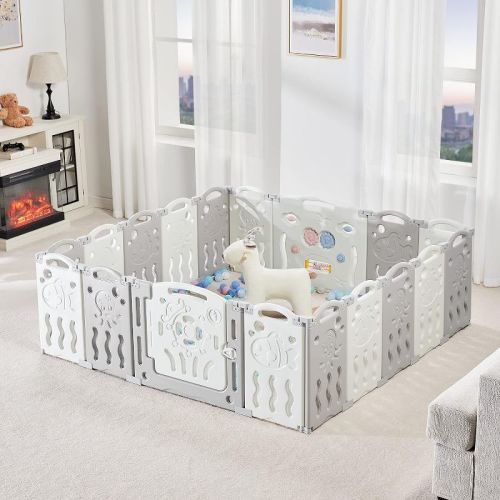 AMERLIFE Baby Playpen, Upgraded Portable Foldable Baby Fence with Game Panel and Safety Gate
