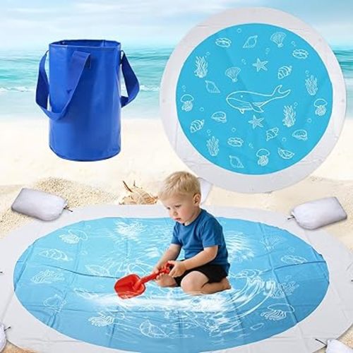 6.9FTx6.9Ft Beach Pool, Portable Foldable Plastic Kids Pool Blanket with 8 Fixed Holes, Waterproof Beach Mat Kit with Storage Bag 8 Drawstring Bags 8 Pegs for Toddlers Vacation Swimming Picnic