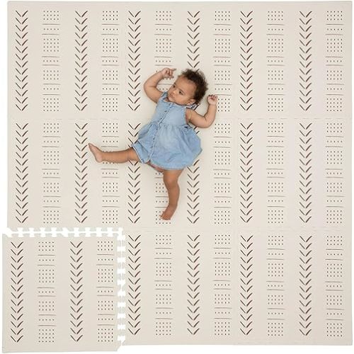 CHILDLIKE BEHAVIOR XXL Baby Play Mats, 72”x72” Puzzle with 9 Foam Tiles, Crawling Mat with Interlocking Tiles, 24”x24” Puzzle Mat Pieces, Neutral Playmat for Toddlers & Infants Play Pen - Beige