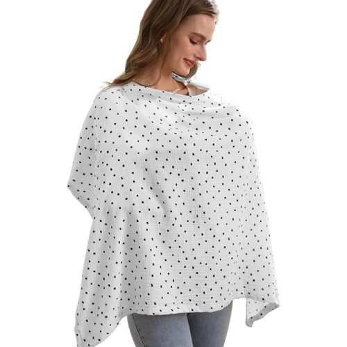Nursing Cover for Baby Breastfeeding with Rigid Hoop, Breathable Soft 100% Muslin Cotton, Baby Breast Feeding & Pumping Apron (White Polka dots)