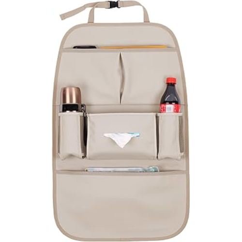 Car Backseat Organizer for Kids, Car Back Seat Storage Bag With 3 Pockets, 2 Drinks Holders, Water Resistant, Kids Toy Storage Kick Mat Back Seat Protector for Toddlers (Beige 1-Pack)